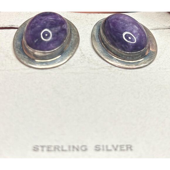 Sterling Silver Natural Purple Charoite Oval Cabochon Bezel Set Stud Earrings - Picture 4 of 5